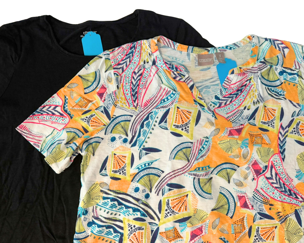 2 Chico's Sz 3 (XL) Ultimate Tee T-Shirts Black + Orange Tribal Print Modal Knit